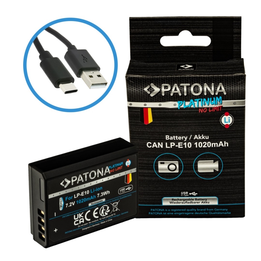 PATONA - Bateria Canon LP-E10 1020mAh Li-Ion Platinum USB-C carregamento