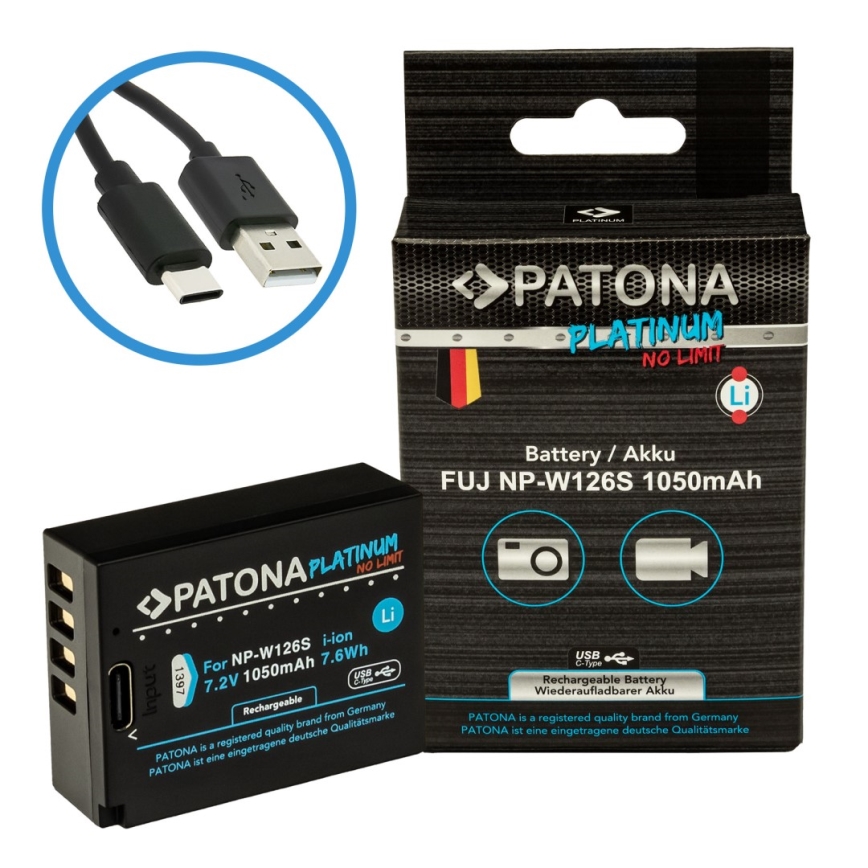 PATONA - Bateria Fuji NP-W126S 1050mAh Li-Ion Platinum USB-C carregamento