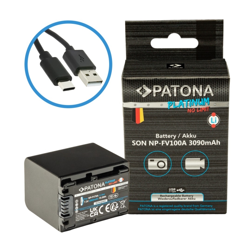 PATONA - Bateria Sony NP-FV100 3090mAh Li-Ion Platinum USB-C carregamento
