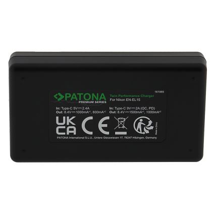 PATONA - Carregador rápido Dual Nikon EN-EL15/EN-EL15C + cabo USB-C 0,6m