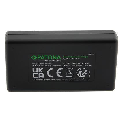 PATONA - Carregador rápido Dual Sony NP-FW50 + cabo USB-C 0,6m