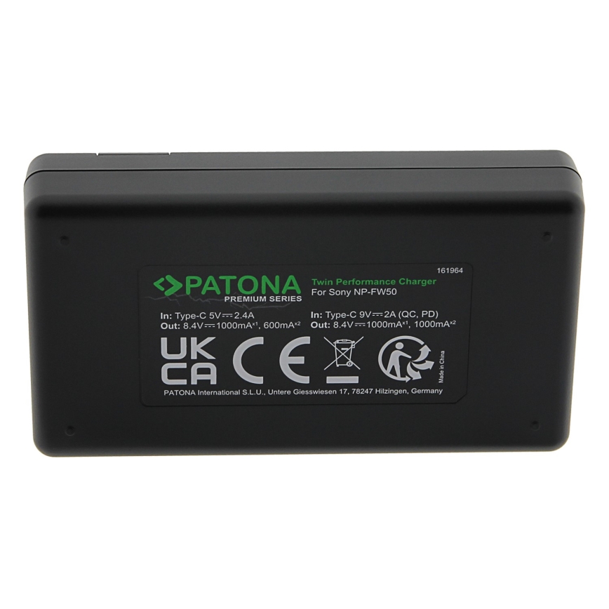 PATONA - Carregador rápido Dual Sony NP-FW50 + cabo USB-C 0,6m