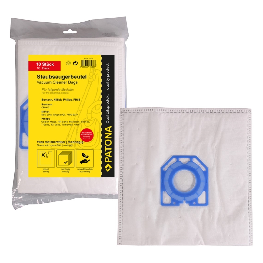 PATONA - CONJUNTO 10x Saco de filtragem PH84 para Philips, Nilfisk, Menalux