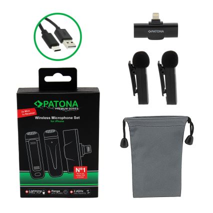 PATONA - CONJUNTO 2x Microfone sem fios com um suporte para iPhones USB-C 5V