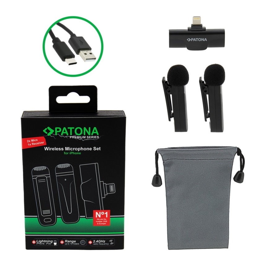PATONA - CONJUNTO 2x Microfone sem fios com um suporte para iPhones USB-C 5V