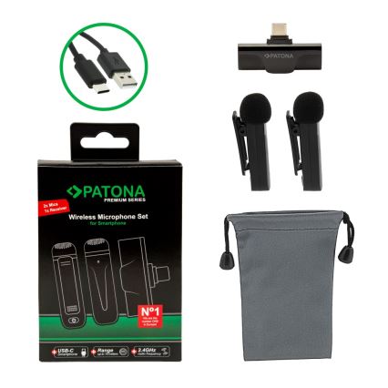 PATONA - CONJUNTO 2x Microfone sem fios com um suporte para telemóveis USB-C 5V