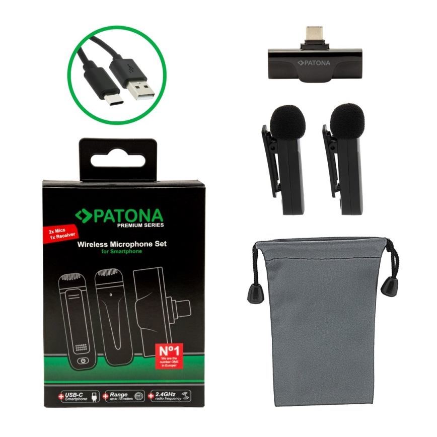 PATONA - CONJUNTO 2x Microfone sem fios com um suporte para telemóveis USB-C 5V