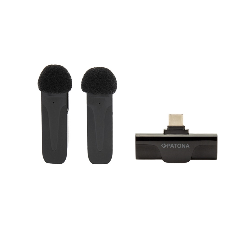 PATONA - CONJUNTO 2x Microfone sem fios com um suporte para telemóveis USB-C 5V