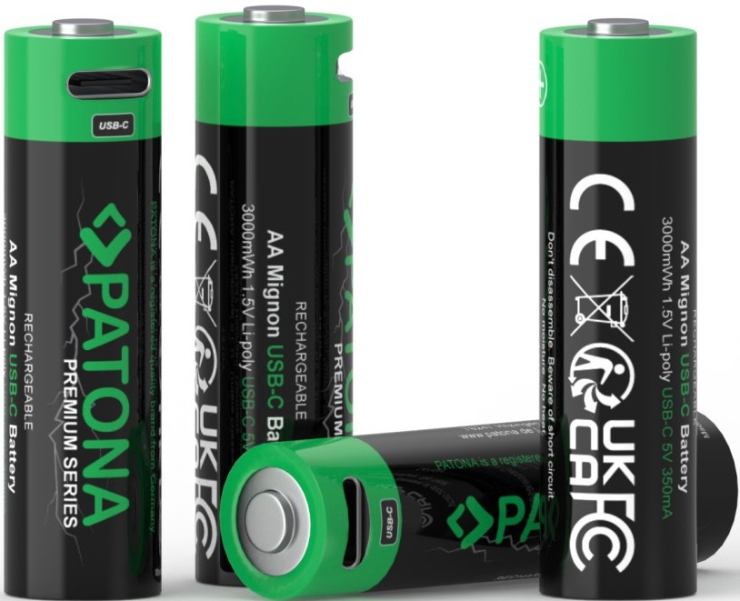 PATONA - CONJUNTO 4x Pilhas AA/LR6 Li-Pol 2000mAh 1,5Vs com USB-C carregamento