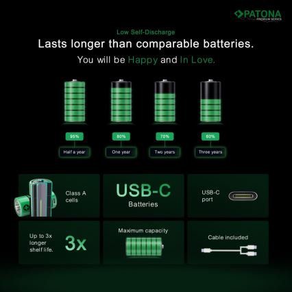 PATONA - CONJUNTO 4x Pilhas AA/LR6 Li-Pol 2000mAh 1,5Vs com USB-C carregamento