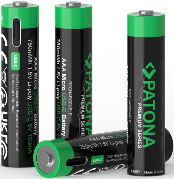 PATONA - CONJUNTO 4x Pilhas AAA/LR03 Li-Pol 500mAh 1,5V com USB-C carregamento