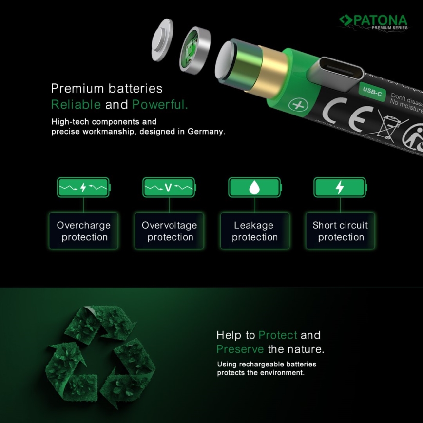 PATONA - CONJUNTO 4x Pilhas AAA/LR03 Li-Pol 500mAh 1,5V com USB-C carregamento