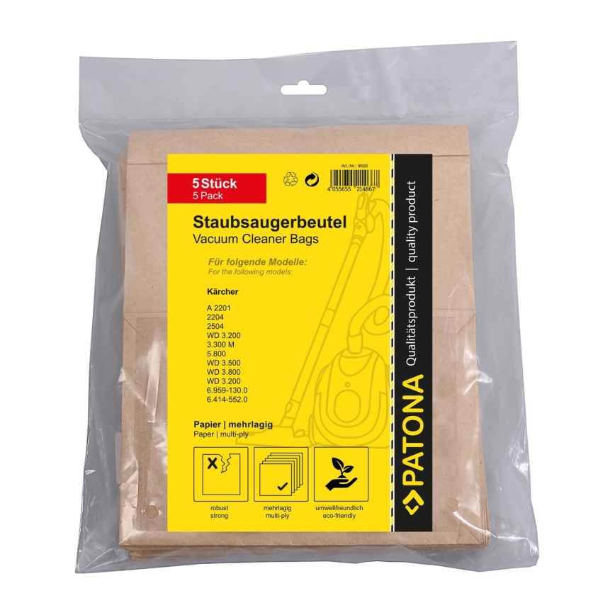 PATONA - Sacos para aspirador KÄRCHER WD3/A2201/2204/2504/3.300/5.800 papel - 5 pcs