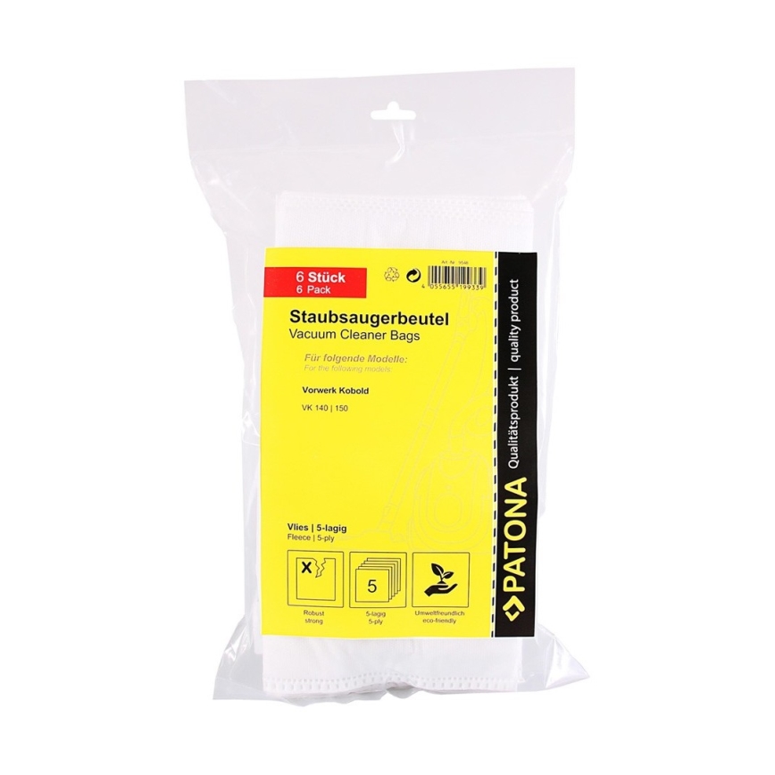 PATONA - Sacos para aspirador Vorwerk Kobold VK140/VK150 - 6 peças