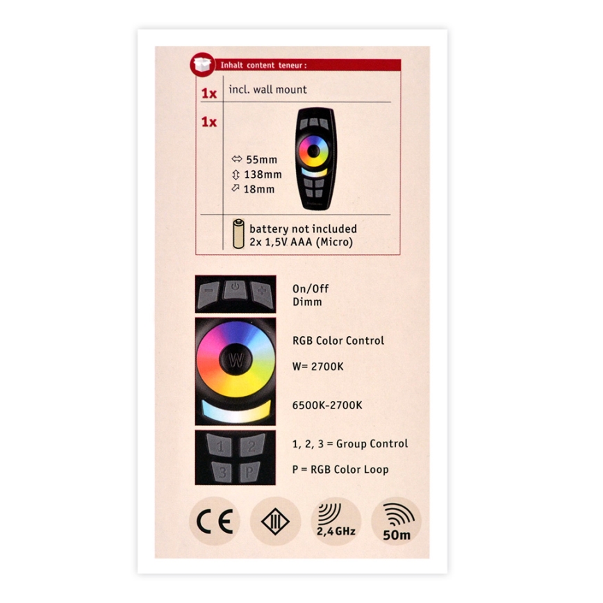 Paulmann 50067 - Controlo remoto RGBW SMART HOME 2xAAA ZigBee