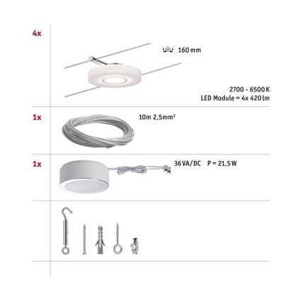 Paulmann 50109 - CONJUNTO 4xLED/4,4W Foco com regulação para um sistema de cordas SMART DISC 230V