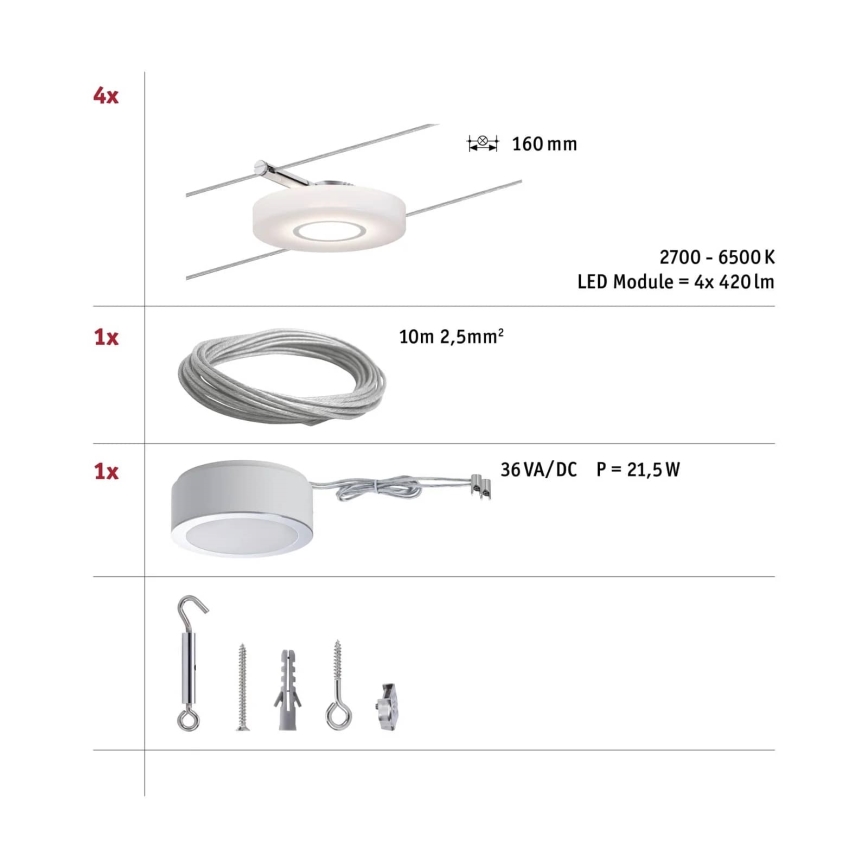 Paulmann 50109 - CONJUNTO 4xLED/4,4W Foco com regulação para um sistema de cordas SMART DISC 230V