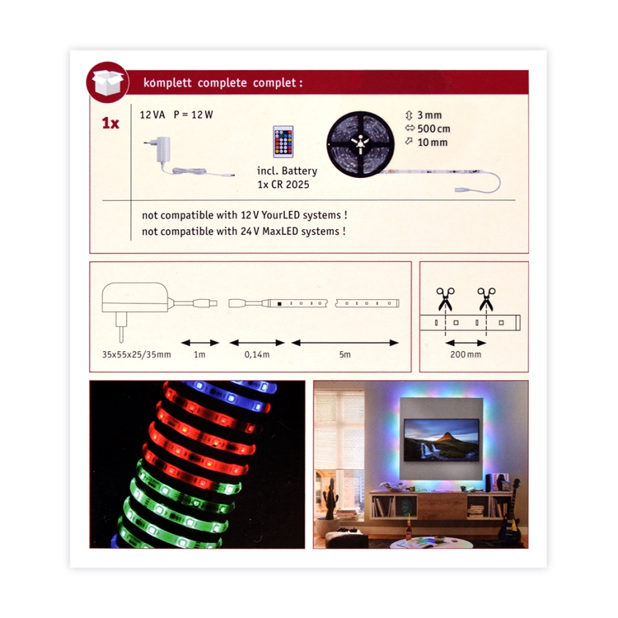 Paulmann 70513 - Tira com regulação LED RGB/10W SIMPLED 5m 230V + CR