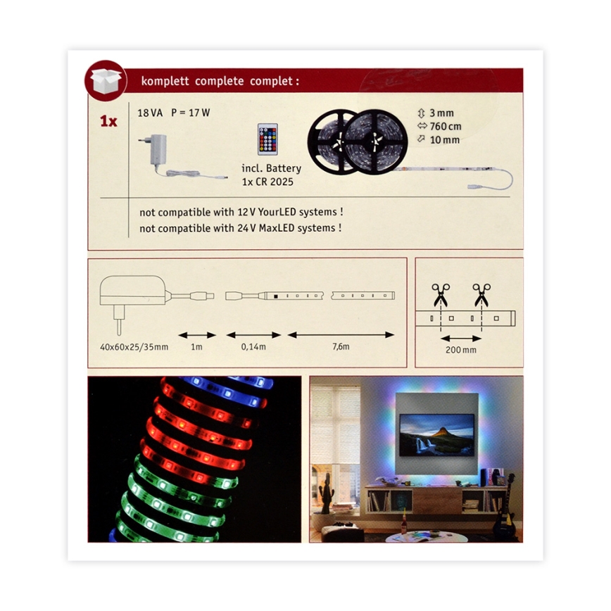 Paulmann 70514 - Tira com regulação LED RGB/15W SIMPLED 7,5m 230V + CR