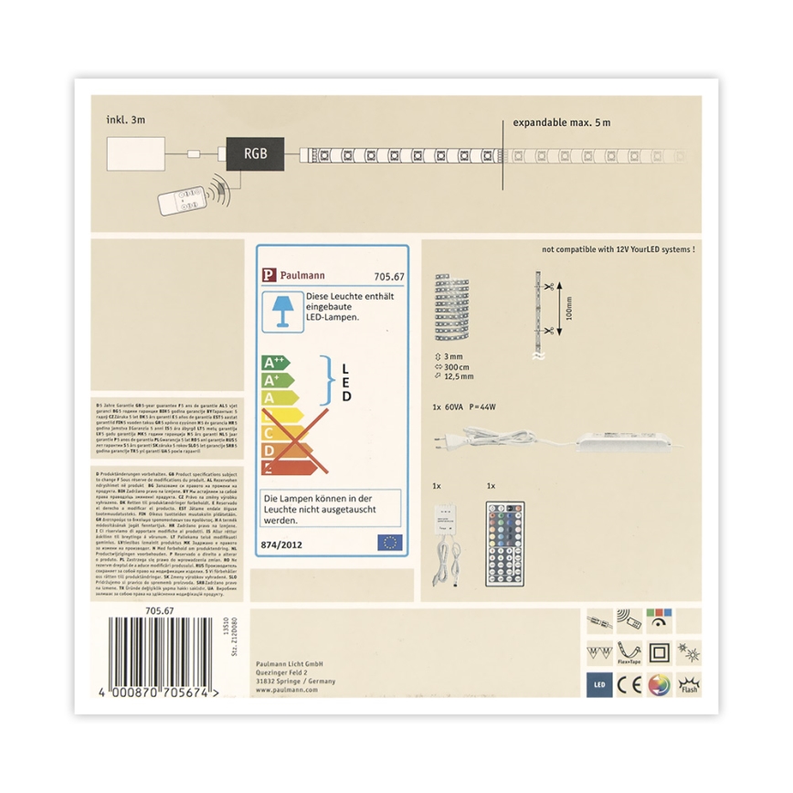Paulmann 70567 - Tira LED RGB com regulação/40W MAXLED 3m 230V + controlo remoto