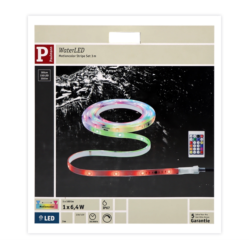 Paulmann 70698 -LED RGB/6,4W IP67 Tira exterior com regulação WATERLED 3m 230V+ controlo remoto