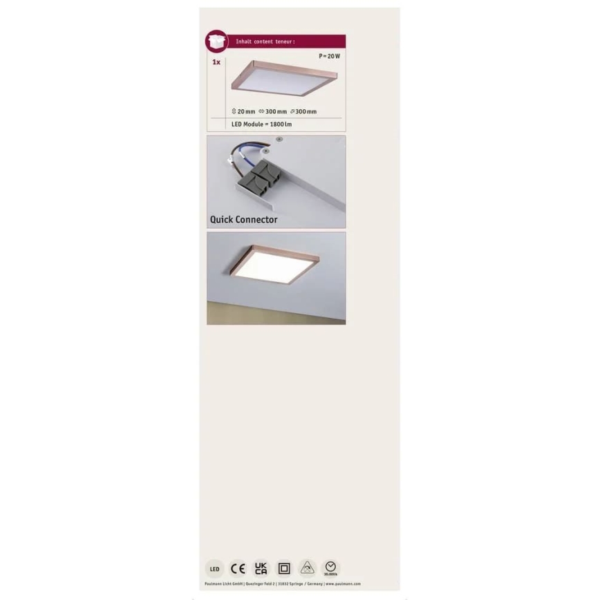 Paulmann 70941 - Painel integrado LED/20W ATRIA 230V 4000K 30x30 cm Rosa dourado