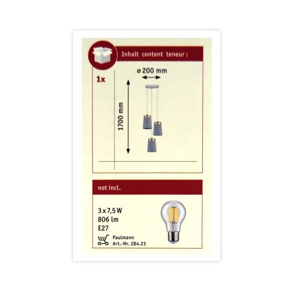 Paulmann 79627 - Candelabro suspenso NORELL 3xE27/20W/230V betão