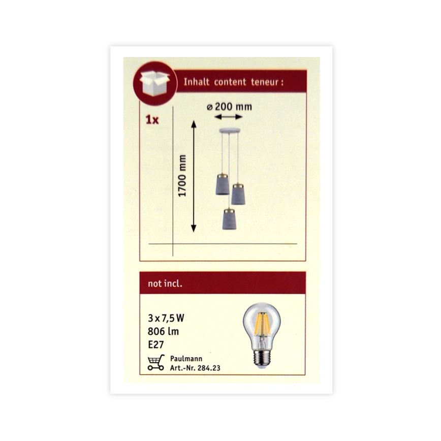 Paulmann 79627 - Candelabro suspenso NORELL 3xE27/20W/230V betão