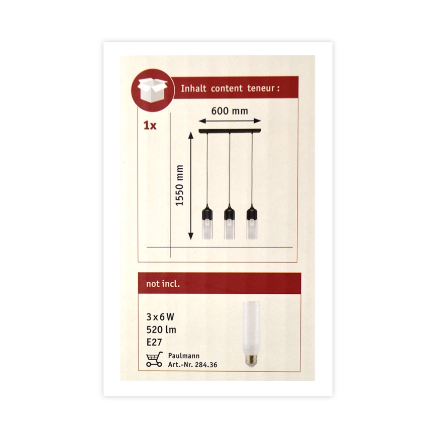 Paulmann 79642 - Candelabro sobre um fio NEORDIC 3xE27/60W/230V
