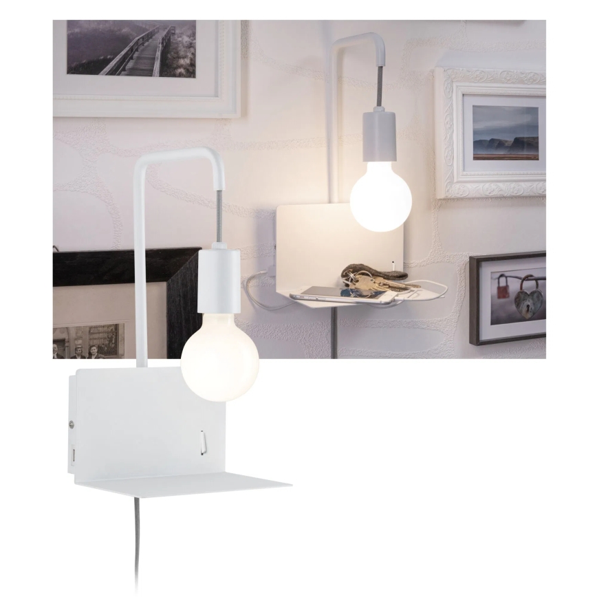 Paulmann 79812 - 1xE27/40W Aplique de parede com prateleira e porta USB CALVANI 230V branco