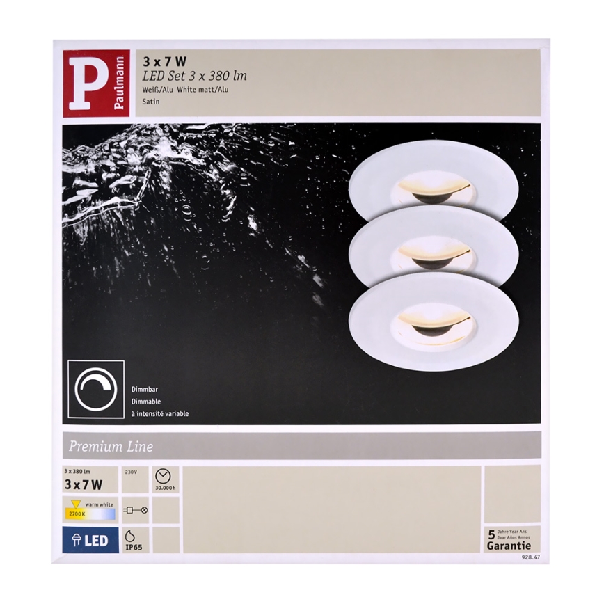 Paulmann 92847 - CONJUNTO 3xLED/7W IP65 Iluminação embutida de casa de banho com regulação COIN 230V