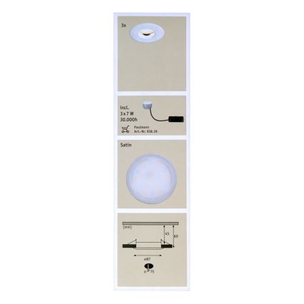 Paulmann 92847 - CONJUNTO 3xLED/7W IP65 Iluminação embutida de casa de banho com regulação COIN 230V