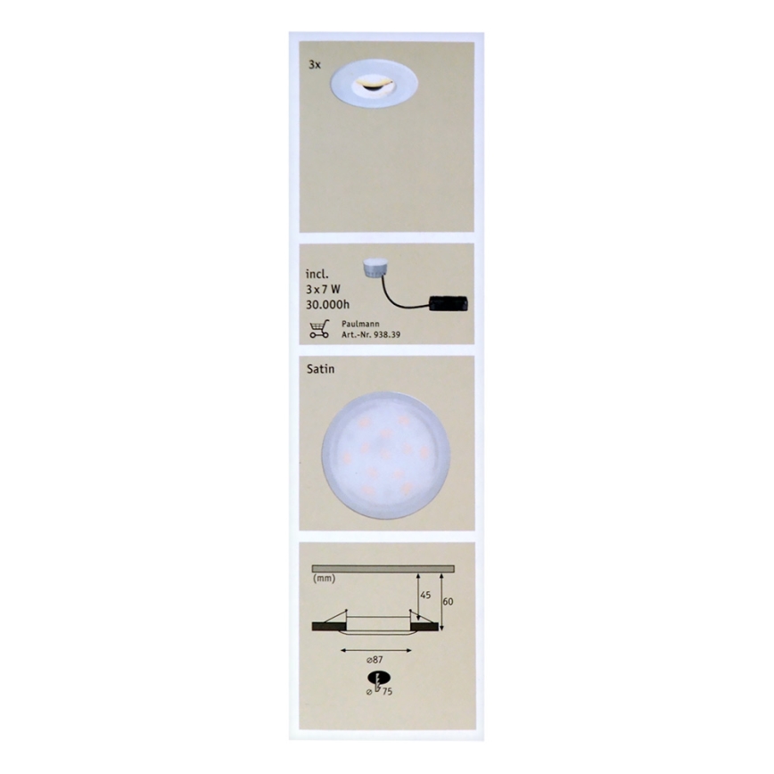 Paulmann 92847 - CONJUNTO 3xLED/7W IP65 Iluminação embutida de casa de banho com regulação COIN 230V