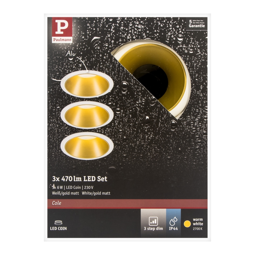 Paulmann 93406 - CONJUNTO 3xLED/6,5W IP44 Foco de encastrar de casa de banho com regulação COLE 230V
