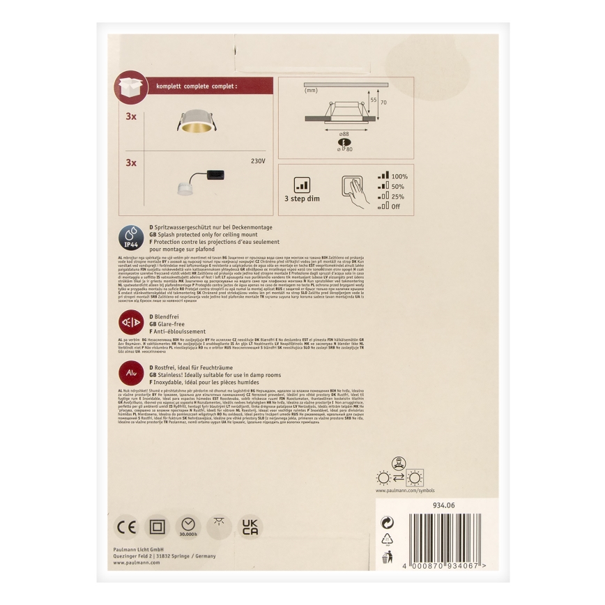 Paulmann 93406 - CONJUNTO 3xLED/6,5W IP44 Foco de encastrar de casa de banho com regulação COLE 230V