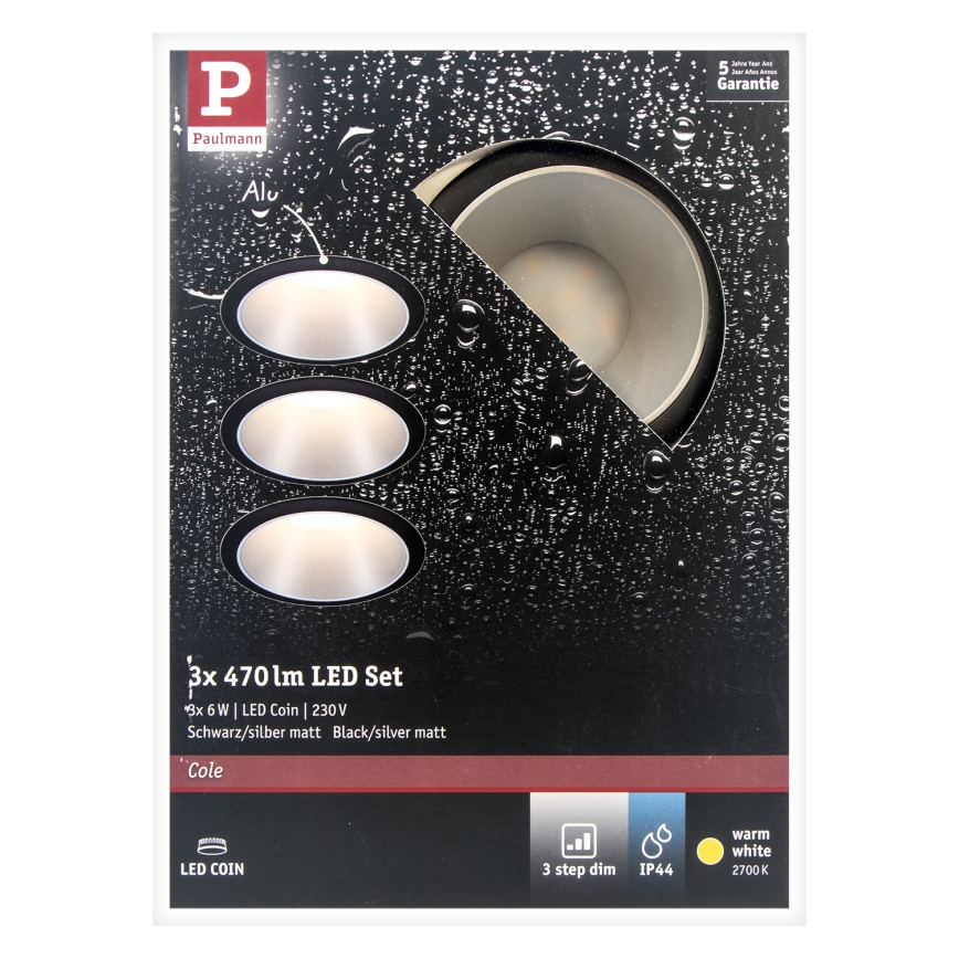 Paulmann 93408 - CONJUNTO 3xLED/6,5W IP44 Foco de encastrar de casa de banho com regulação COLE 230V