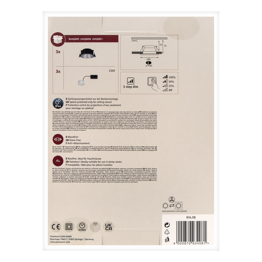 Paulmann 93408 - CONJUNTO 3xLED/6,5W IP44 Foco de encastrar de casa de banho com regulação COLE 230V
