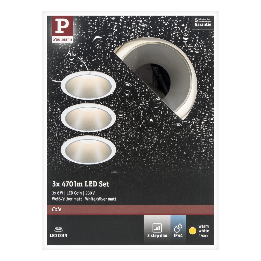Paulmann 93410 - CONJUNTO 3xLED/6,5W IP44 Foco de encastrar de casa de banho com regulação COLE 230V