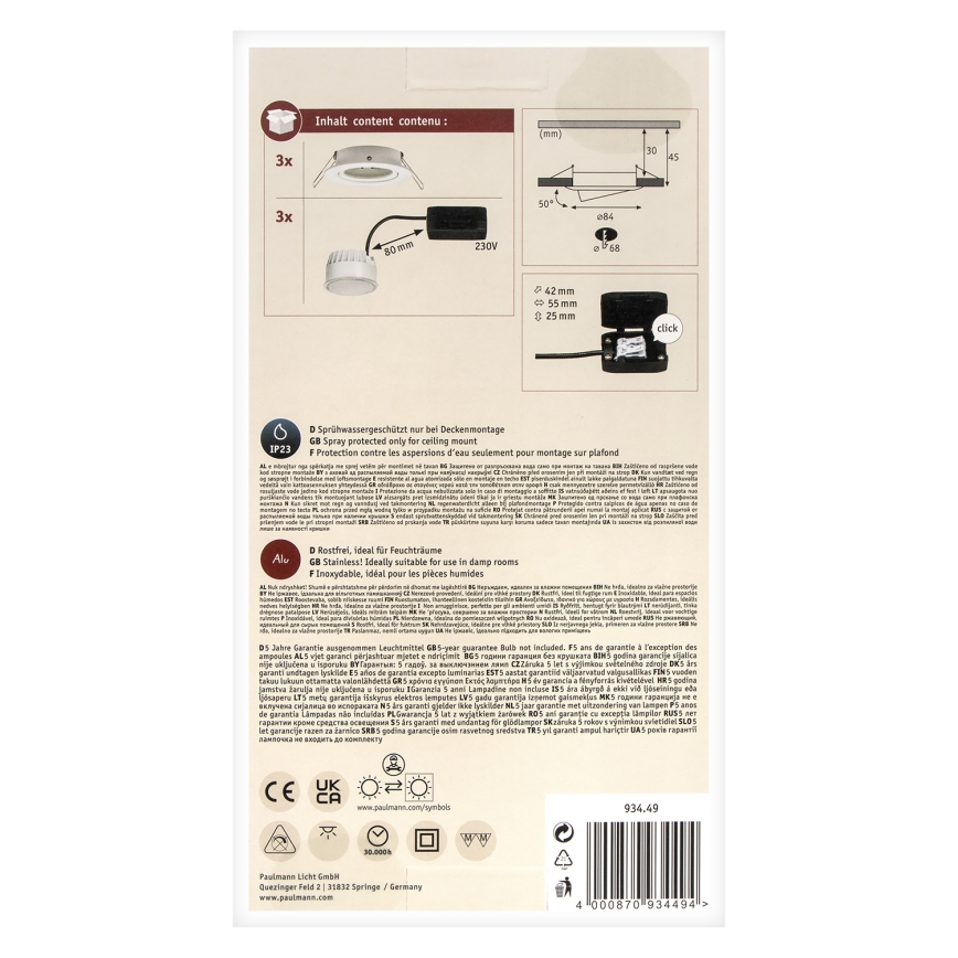 Paulmann 93449 - CONJUNTO 3xLED/6,5W IP23 Iluminação embutida de casa de banho NOVA 230V