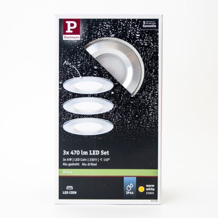 Paulmann 93462 - CONJUNTO 3xLED/6W IP44 Iluminação embutida de casa de banho NOVA 230V