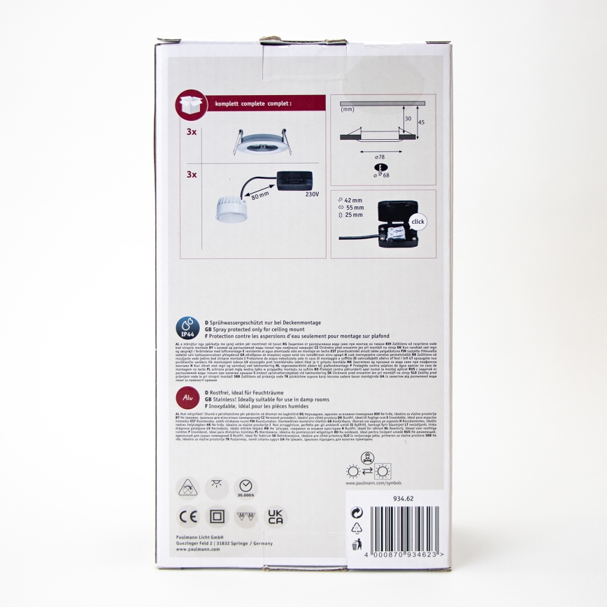 Paulmann 93462 - CONJUNTO 3xLED/6W IP44 Iluminação embutida de casa de banho NOVA 230V