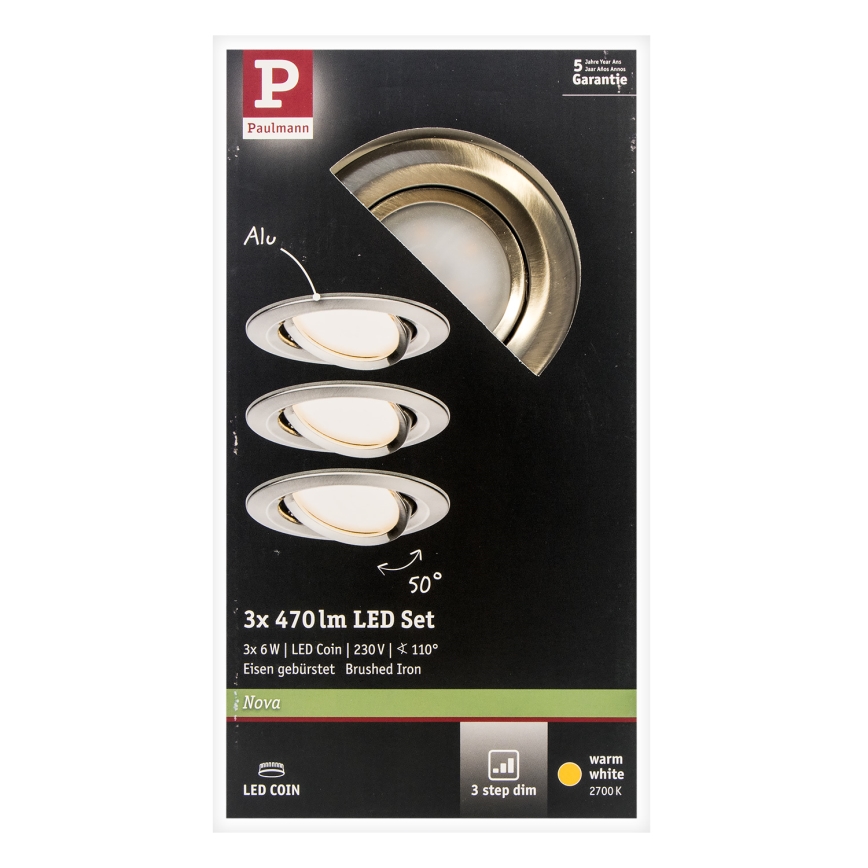 Paulmann 93483 - CONJUNTO 3xLED/6,5W IP23 Foco de encastrar de casa de banho com regulação NOVA 230V