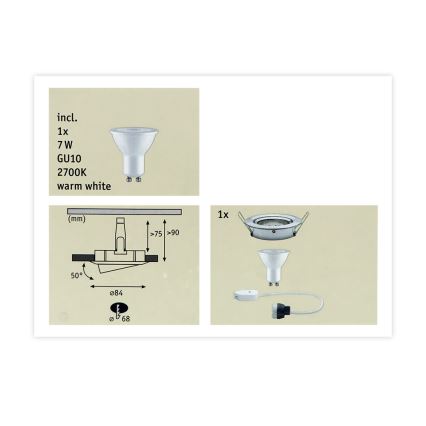 Paulmann 93603 - LED-GU10/7W IP23 Iluminação embutida de casa de banho com regulação NOVA 230V