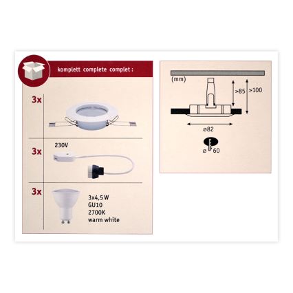 Paulmann 93655 - CONJUNTO 3xLED-GU10/4,5W Iluminação embutida 230V