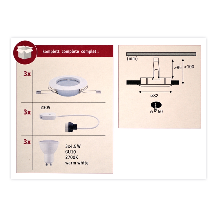 Paulmann 93655 - CONJUNTO 3xLED-GU10/4,5W Iluminação embutida 230V