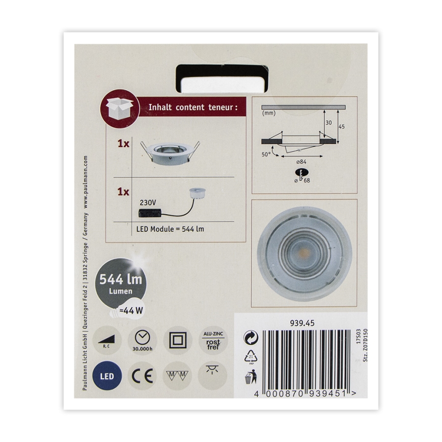 Paulmann 93945 - LED/6,8W IP23 Iluminação embutida de casa de banho com regulação COIN 230V