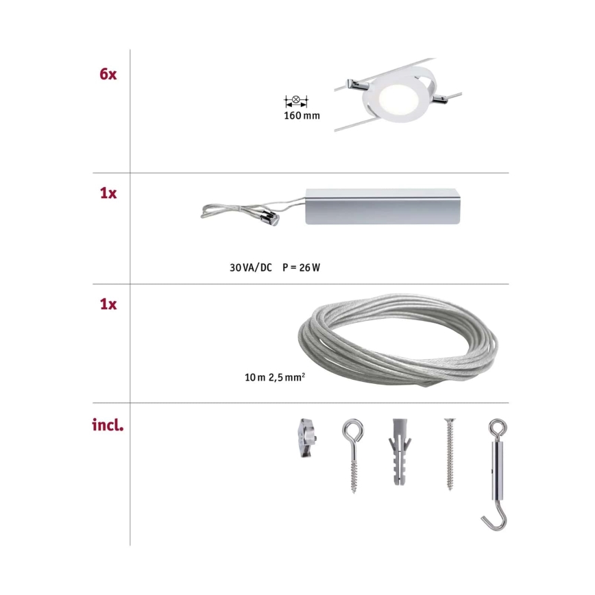 Paulmann 94106 - CONJUNTO 6xLED/4W Foco para um sistema de cordas ROUNDMAC 230V branco