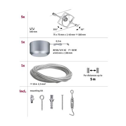 Paulmann 94133 - CONJUNTO 5xGU5,3/10W Foco para um sistema de cordas MAC 230V cromado mate