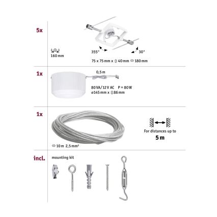 Paulmann 94134 - CONJUNTO 5xGU5,3/10W Foco para um sistema de cordas MAC 230V branco