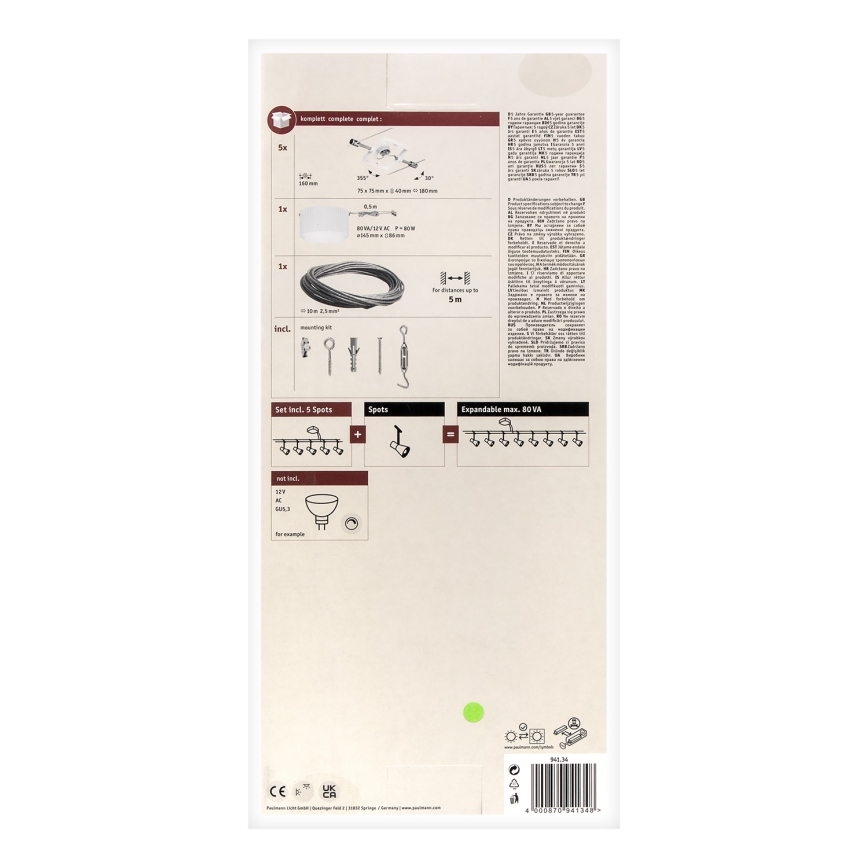 Paulmann 94134 - CONJUNTO 5xGU5,3/10W Foco para um sistema de cordas MAC 230V branco